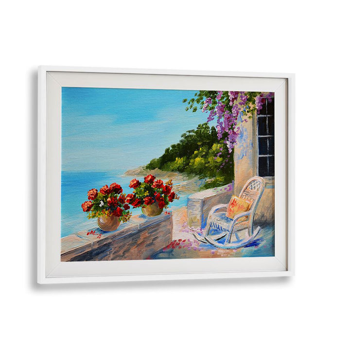 Sailing into history, vintage European paintings showcase serene coastal scenes and vibrant floral accents.