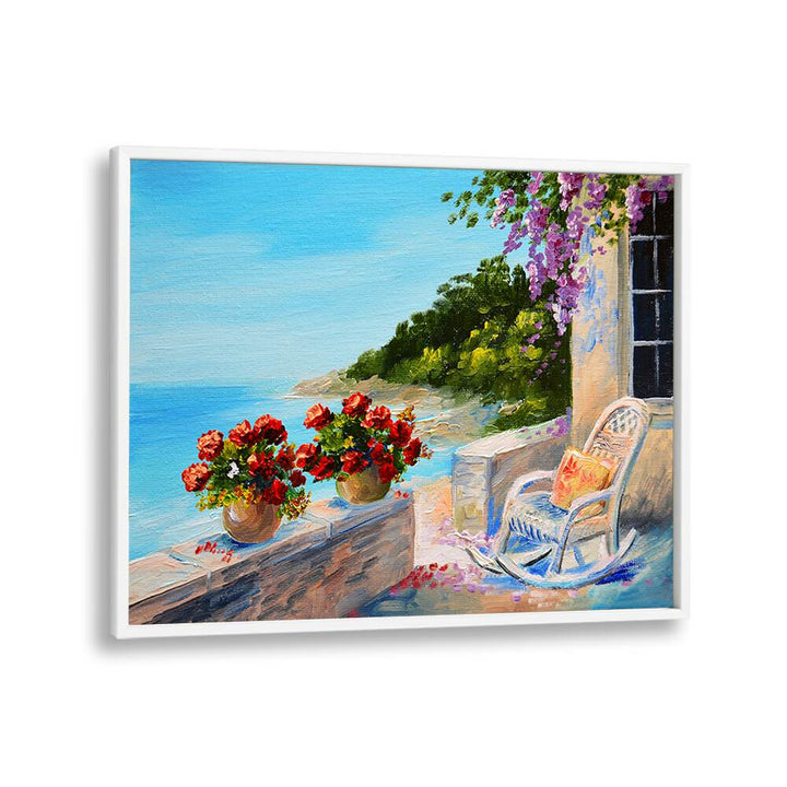 Bright coastal scene with flowers, reflecting the essence of SAILING INTO HISTORY, VINTAGE EUROPEAN PAINTINGS.