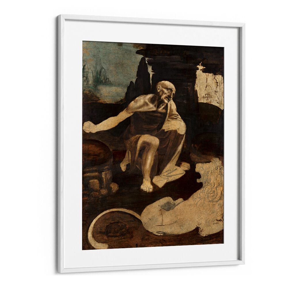 Saint Jerome In The Wilderness Circa 1480 Vintage Paintings in White Frame With Mount