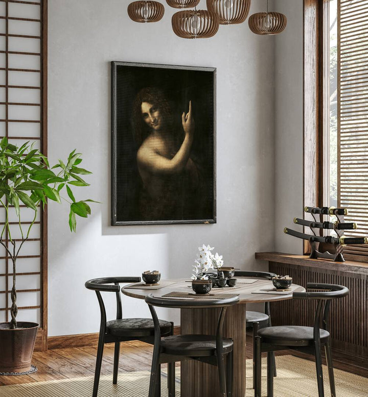 Saint Johan The Baptist Vintage Paintings in Black Plain Frame placed on a dining room wall behind a dining table and beside a window