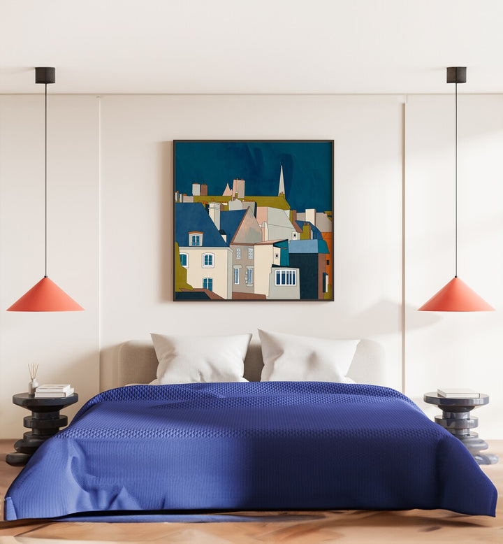 Saint Malo Kopie By Ana Rut Bre Landscape Art Prints in Black Plain Frame
placed on a Cream Colored Wall behind a Bed in the Bedroom