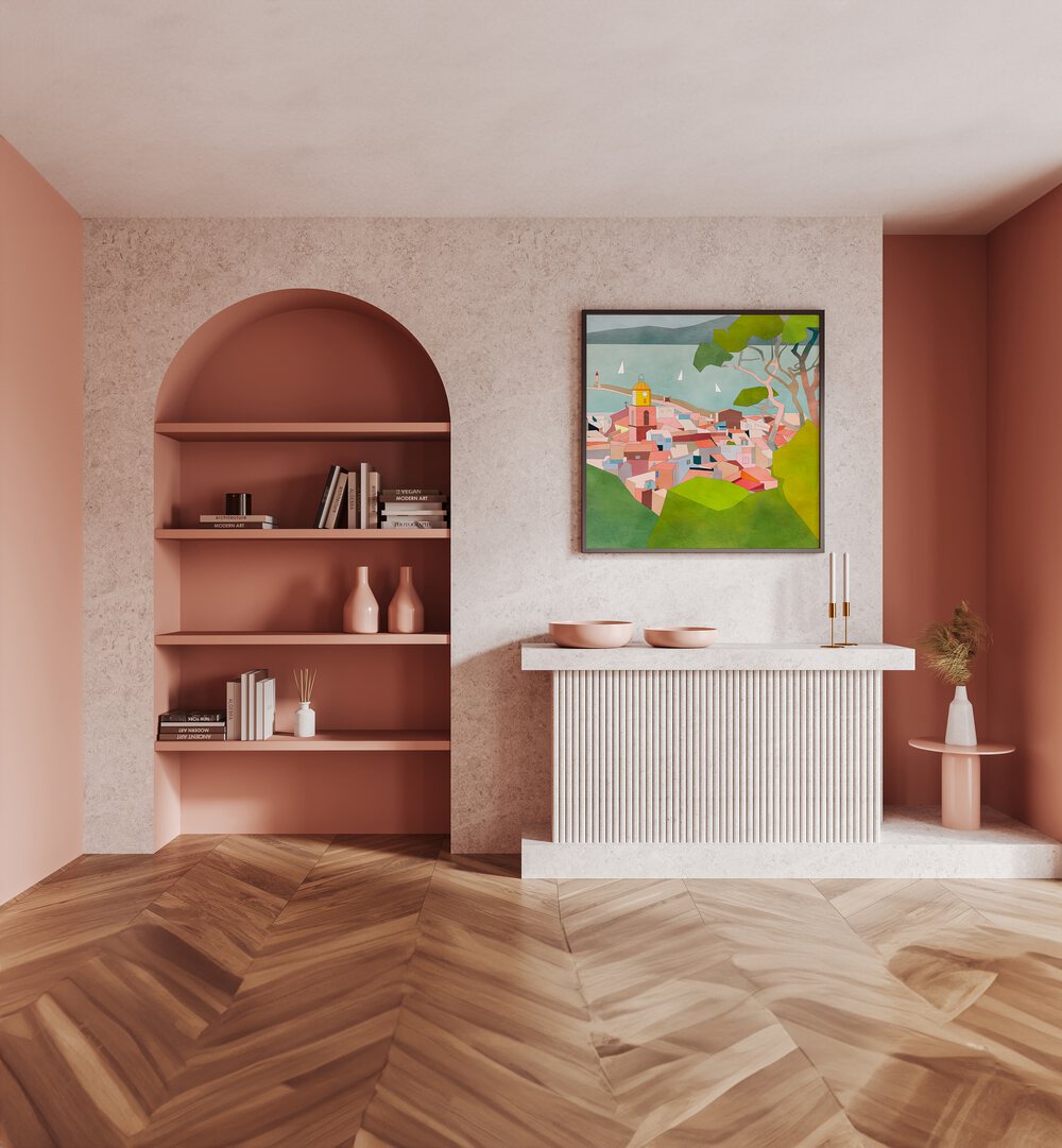 Saint Tropez Kopie II By Ana Rut Bre Landscape Art Prints in Black Plain Frame placed on a Pink Colored Wall above a Console Table in the Drawing Room