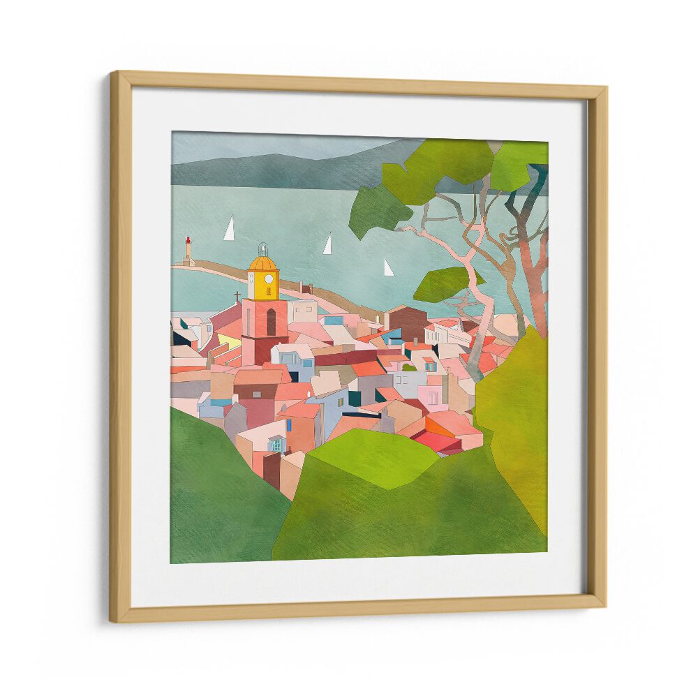 Saint Tropez Kopie II By Ana Rut Bre Landscape Art Prints in Oak Wood Frame With Mount