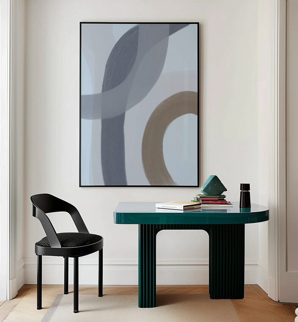 Salon ii by Yopie Studio Abstract Paintings Abstract Art Prints in Black Plain Frame placed on a wall behind a study table