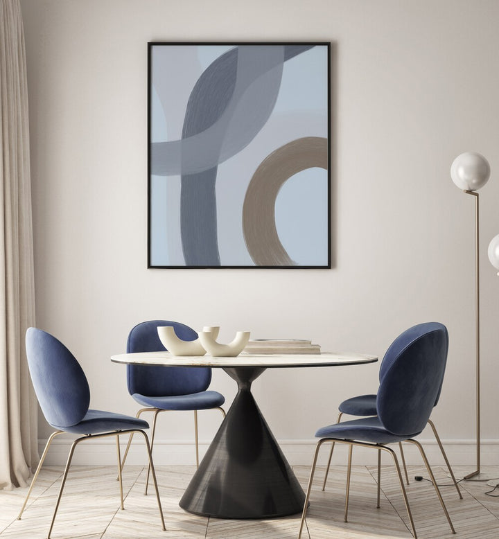 Salon ii by Yopie Studio Abstract Paintings Abstract Art Prints in Black Plain Frame placed on a wall behind a table and beside a window