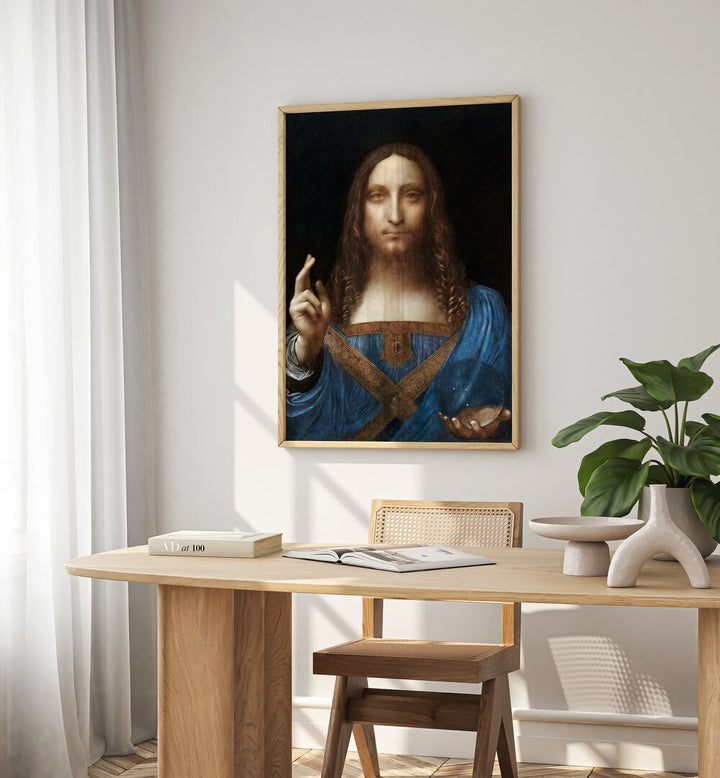 Salvator Mundi Vintage Paintings in Oak Wood Plain Frame placed on a white wall behind a study table
