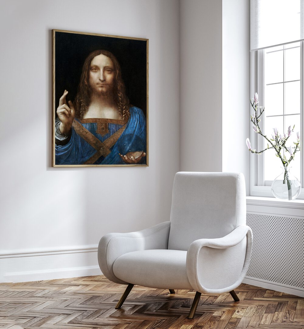 Salvator Mundi Vintage Paintings in Oak Wood Plain Frame placed on a white wall beside a sofa and a window
