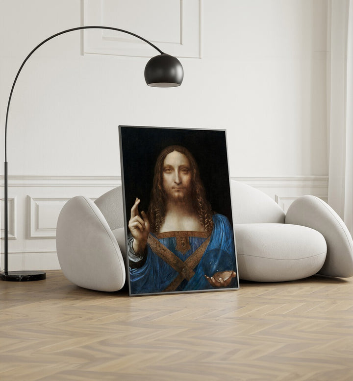 Salvator Mundi Vintage Paintings in Black Plain Frame placed on a floor beside a sofa