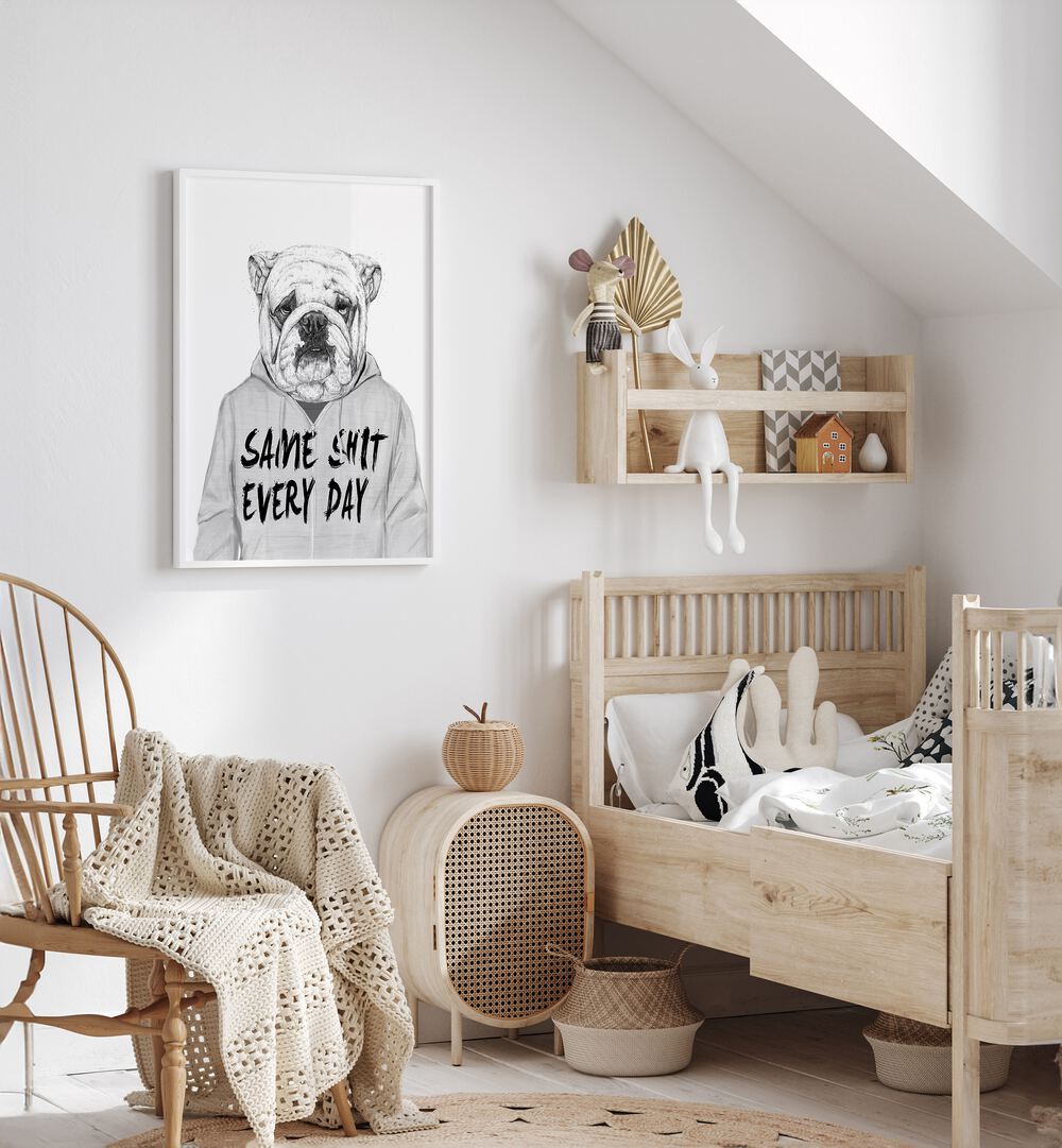 Same Shit By Balazs Solti Wildlife Art Prints in White Plain Frame placed on a White Colored Wall in the Kids Room