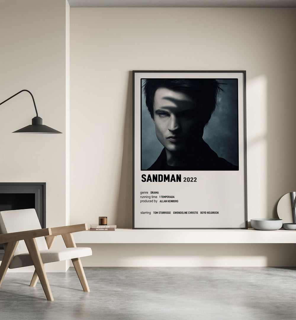 Sandman 2022 Movie Posters in Black Plain Frame place on a wall behind a chair beside lamp