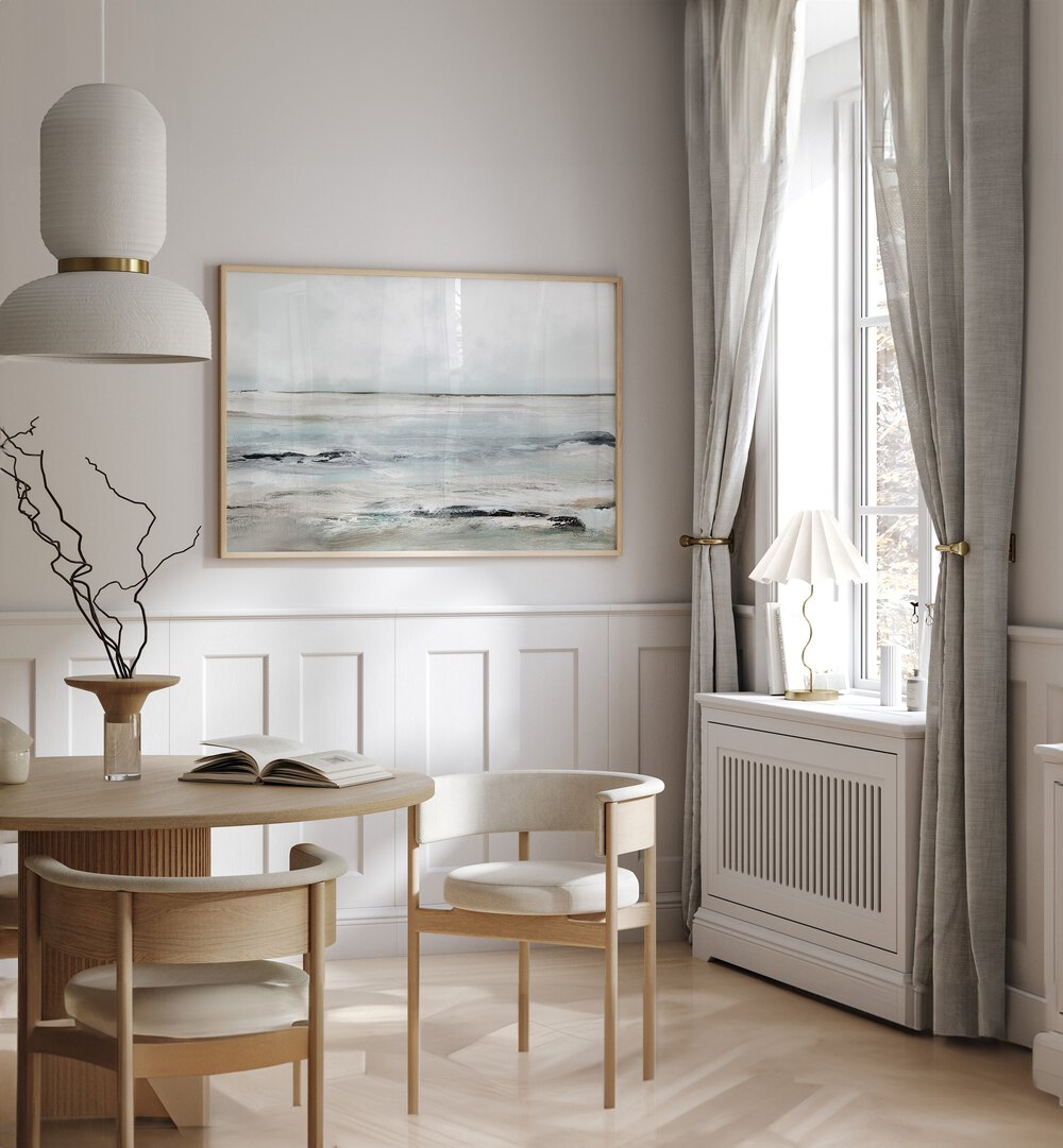 Sandy Bay By Dan Hobday Abstract Art Abstract Paintings in Oak Wood Plain Frame placed on a White Colored Wall near a Dining Table in the Dining Room