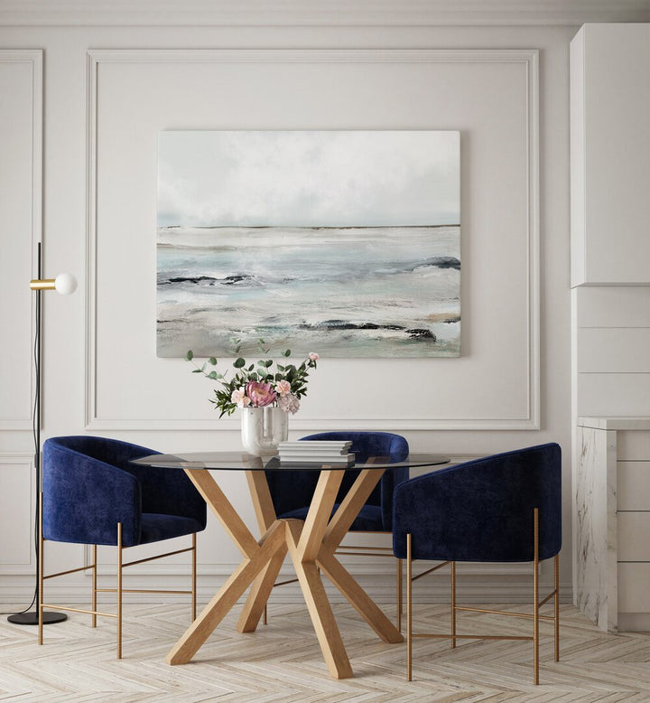 Sandy Bay By Dan Hobday Abstract Art Abstract Paintings in Gallery Wrap placed on a White Colored Wall near a Dining Table in the Dining Room