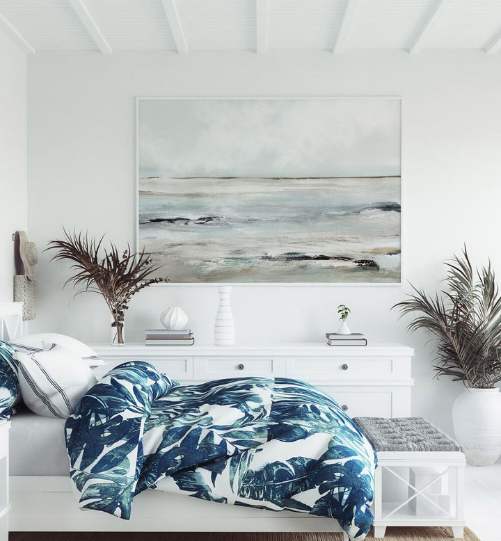 Sandy Bay By Dan Hobday Abstract Art Abstract Paintings in White Plain Frame placed on a White Colored Wall near a Bed in the Bedroom