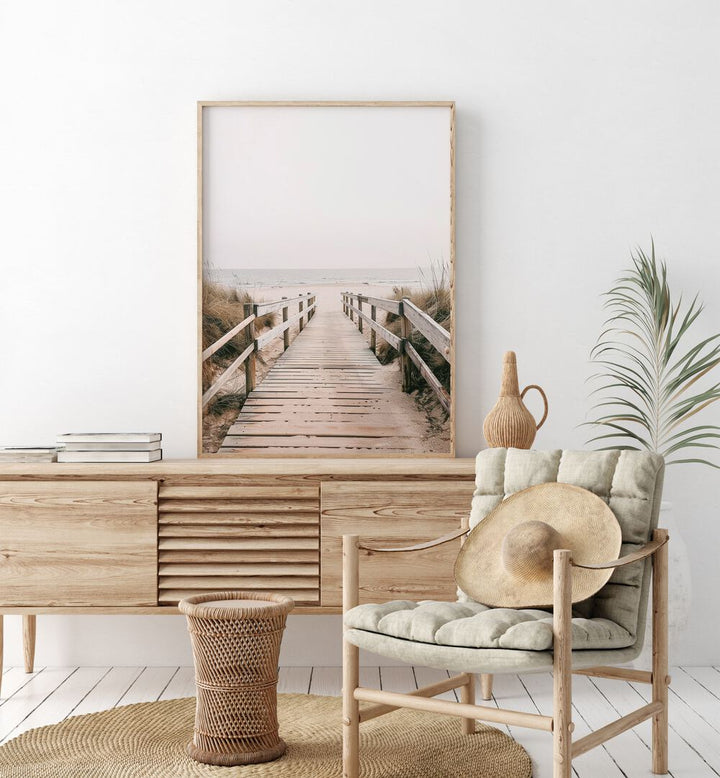 Sandy Promenade Beach Prints Coastal Wall Art in Oak Wood Plain Frame placed on a Console Table in the Drawing Room 