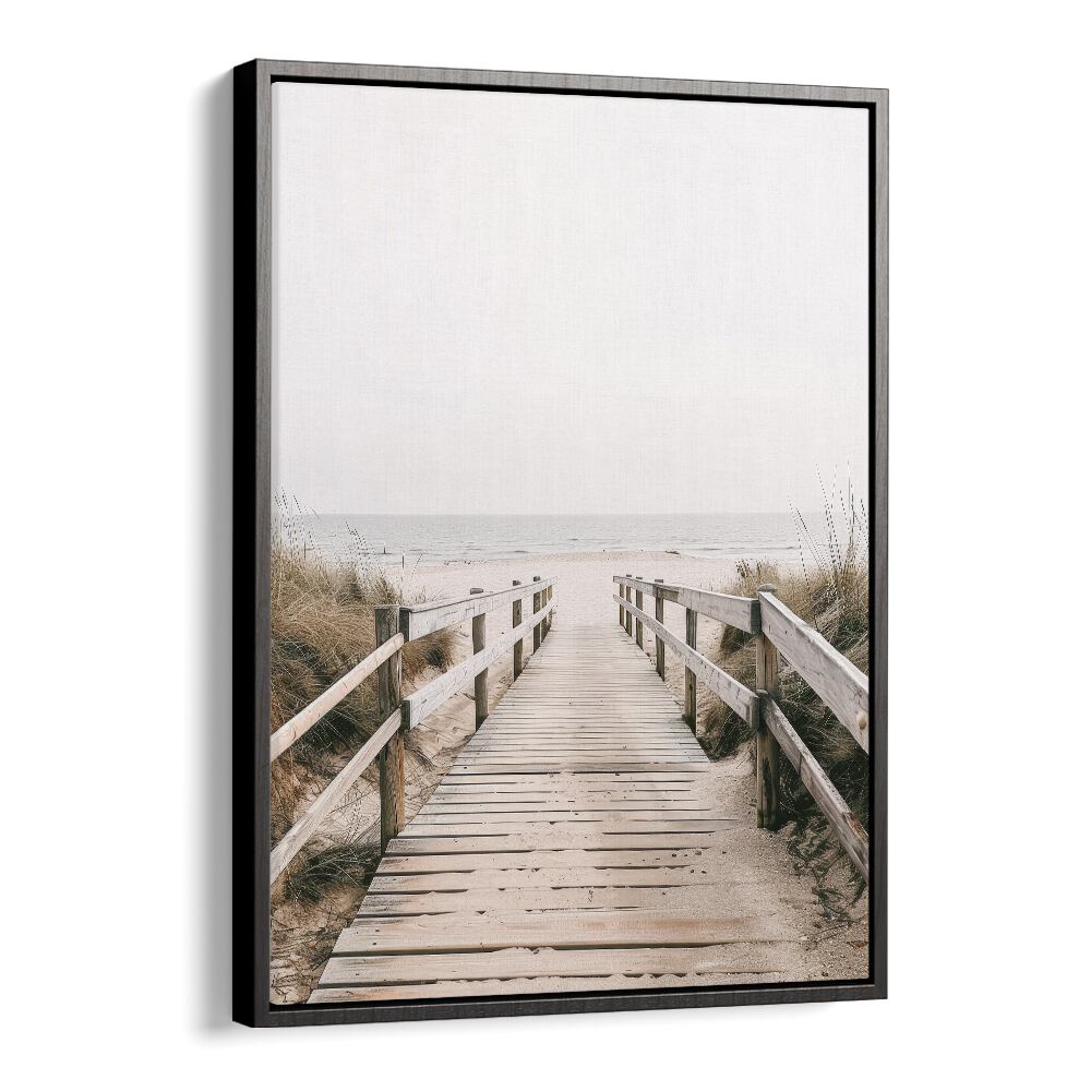 Sandy Promenade Beach Prints Coastal Wall Art in Black Floater Frame