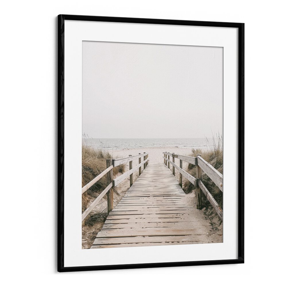 Sandy Promenade Beach Prints Coastal Wall Art in Black Frame With Mount