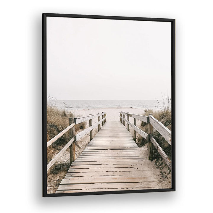 Sandy Promenade Beach Prints Coastal Wall Art in Black Plain Frame