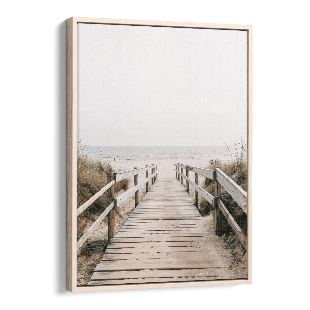 Sandy Promenade Beach Prints Coastal Wall Art in Oak Wood Floater Frame