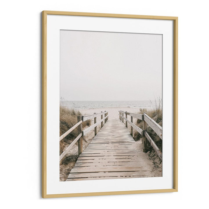 Sandy Promenade Beach Prints Coastal Wall Art in Oak Wood Frame With Mount