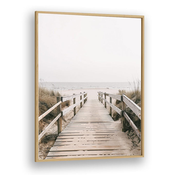 Sandy Promenade Beach Prints Coastal Wall Art in Oak Wood Plain Frame