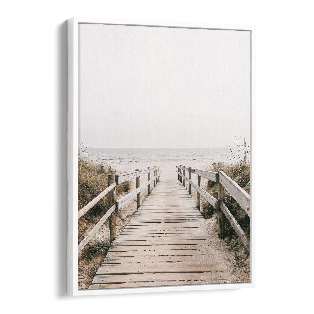 Sandy Promenade Beach Prints Coastal Wall Art in White Floater Frame