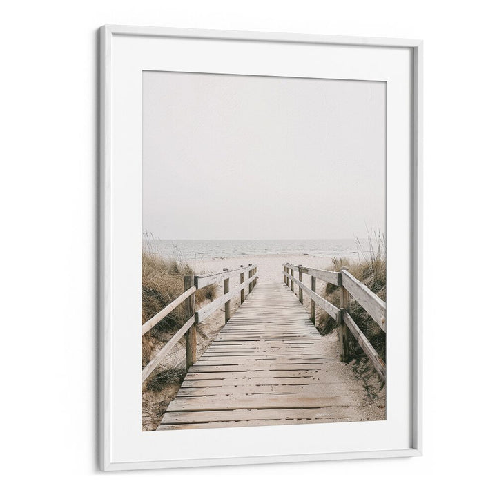 Sandy Promenade Beach Prints Coastal Wall Art in White Frame With Mount