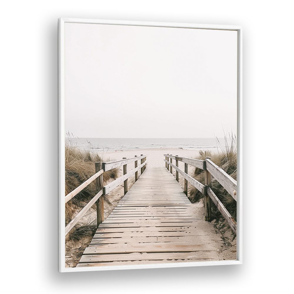 Sandy Promenade Beach Prints Coastal Wall Art in White Plain Frame