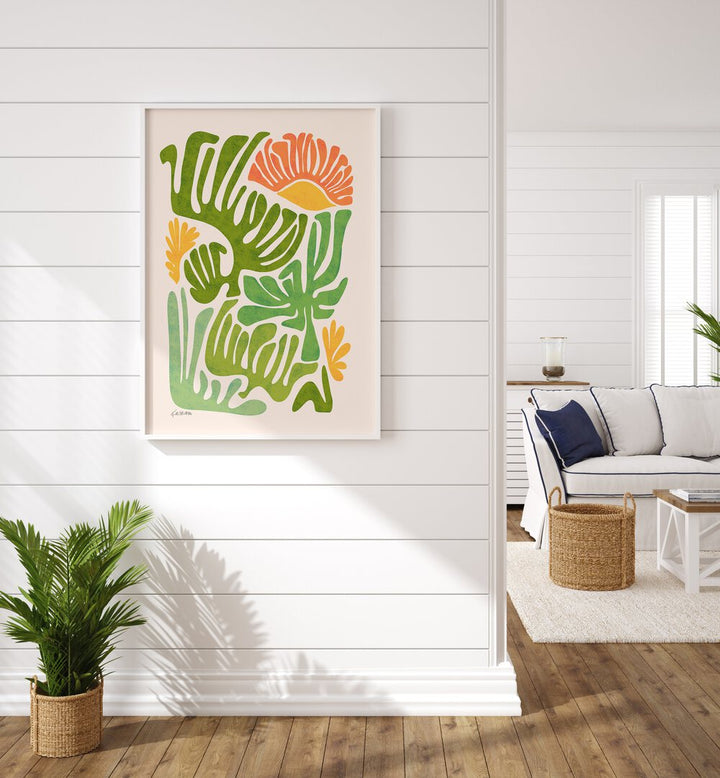 Santa Fe Dream by Kristian Gallagher Botanical Flower Paintings Floral Paintings in White Plain Frame placed on a white wall beside a plant