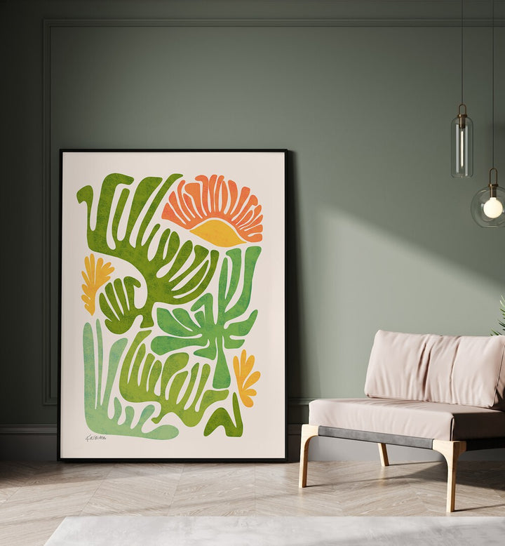 Santa Fe Dream by Kristian Gallagher Botanical Flower Paintings Floral Paintings in Black Plain Frame placed on the floor beside a sofa