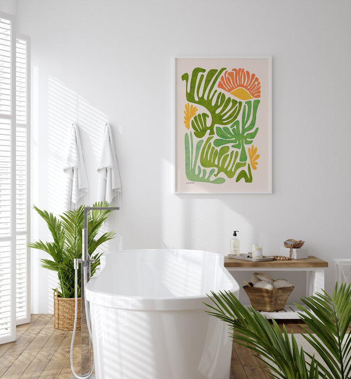 Santa Fe Dream by Kristian Gallagher Botanical Flower Paintings Floral Paintings in White Plain Frame placed on a wall behind a bathtub for bathroom