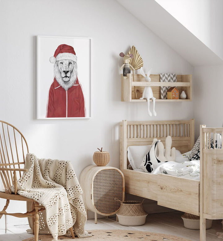 Santa Lion By Balazs Solti Wildlife Art Prints in White Plain Frame placed on a White Colored Wall in the Kids Room