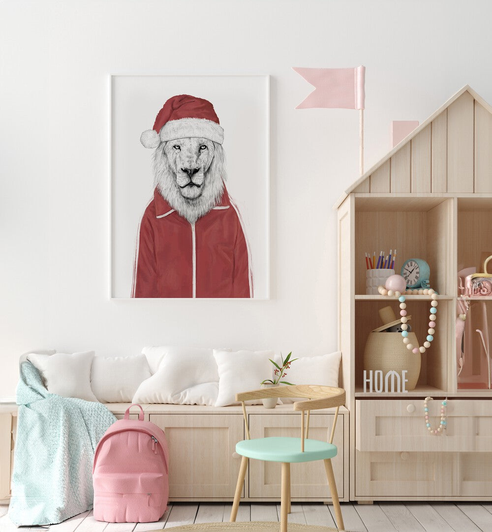 Santa Lion By Balazs Solti Wildlife Art Prints in White Plain Frame placed on a White Colored Wall in the Kids Room