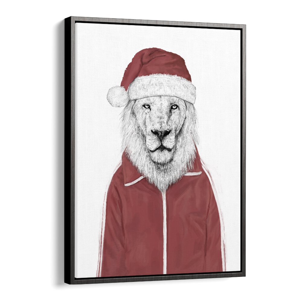 Santa Lion By Balazs Solti Wildlife Art Prints in Black Floater Frame