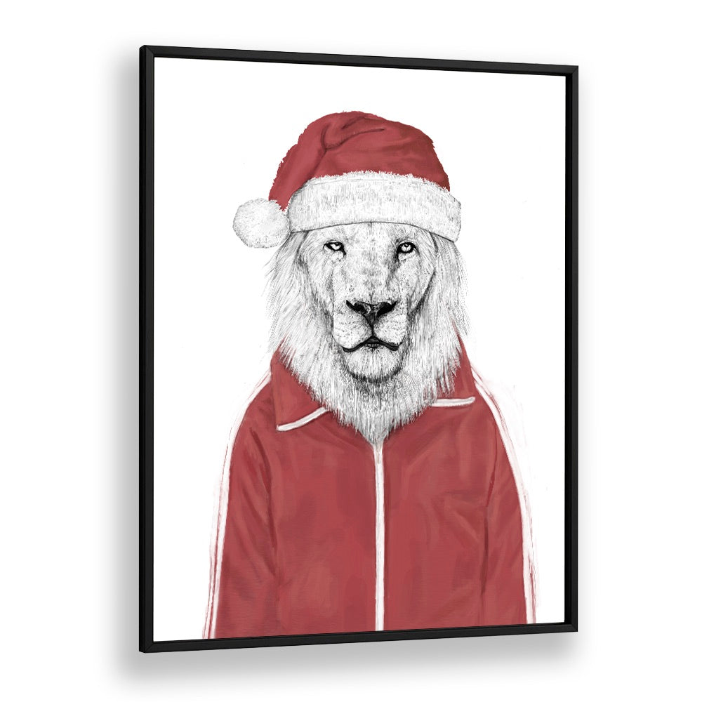 Santa Lion By Balazs Solti Wildlife Art Prints in Black Plain Frame