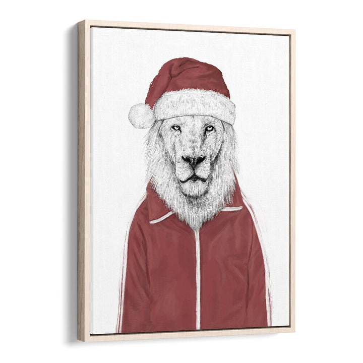 Santa Lion By Balazs Solti Wildlife Art Prints in Oak Wood Floater Frame