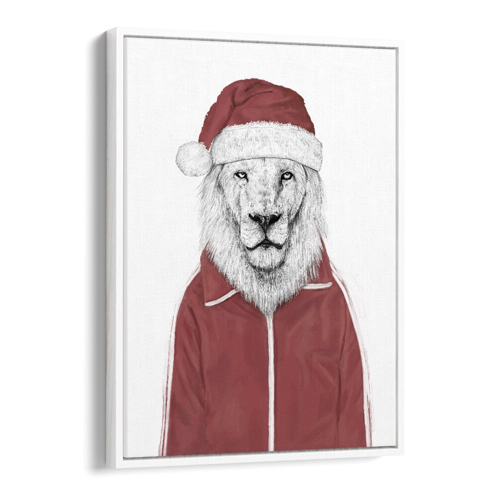 Santa Lion By Balazs Solti Wildlife Art Prints in White Floater Frame