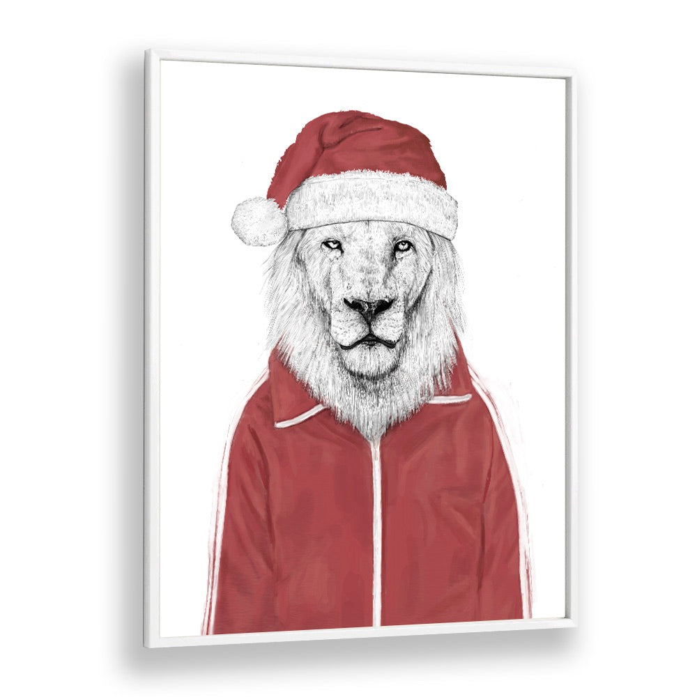 Santa Lion By Balazs Solti Wildlife Art Prints in White Plain Frame