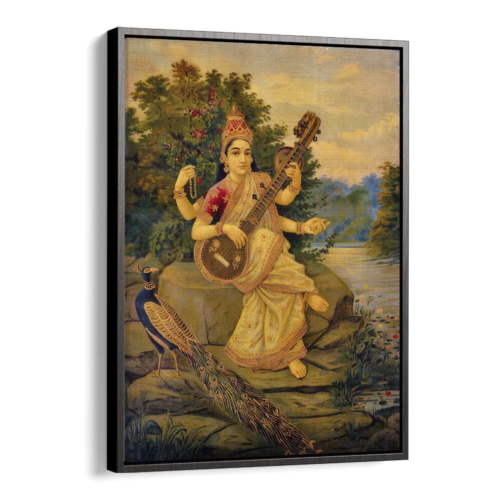 Saraswati Devi By Raja Ravi Varma Indian Paintings in Black Floater Frame