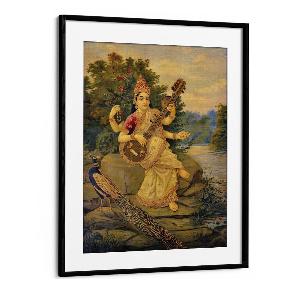 Saraswati Devi By Raja Ravi Varma Indian Paintings in Black Frame With Mount