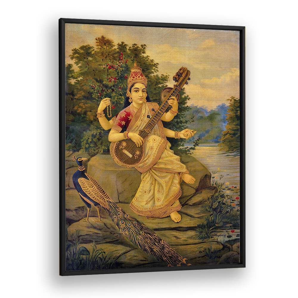 Saraswati Devi By Raja Ravi Varma Indian Paintings in Black Plain Frame