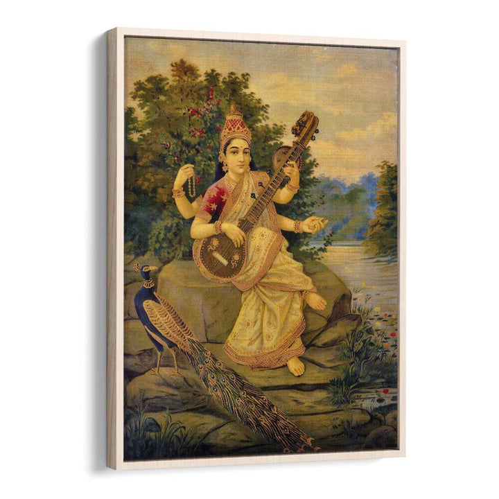 Saraswati Devi By Raja Ravi Varma Indian Paintings in Oak Wood Floater Frame