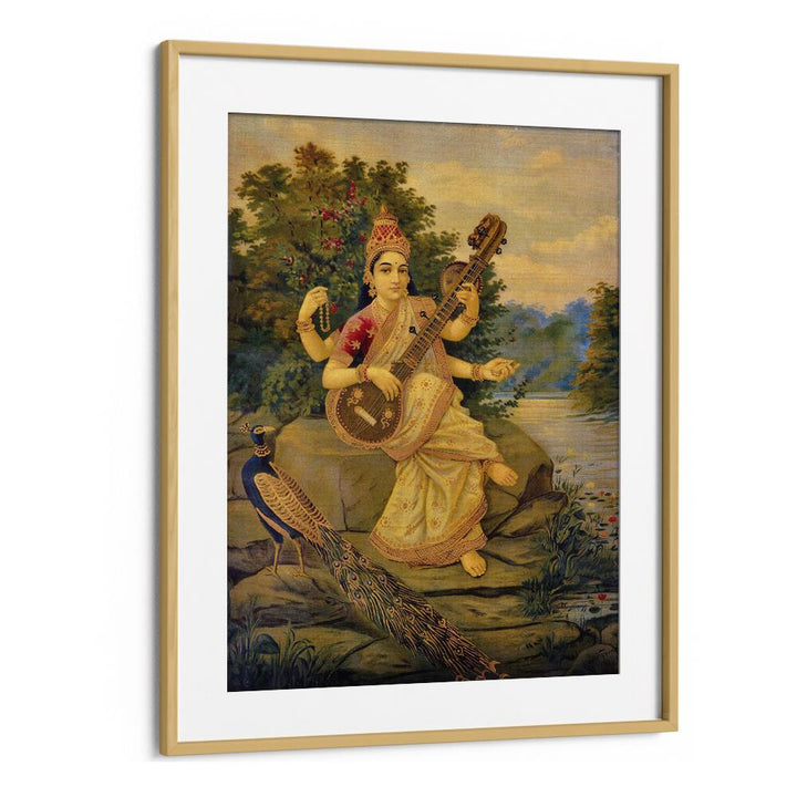 Saraswati Devi By Raja Ravi Varma Indian Paintings in Oak Wood Frame With Mount