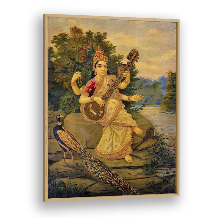 Saraswati Devi By Raja Ravi Varma Indian Paintings in Oak Wood Plain Frame