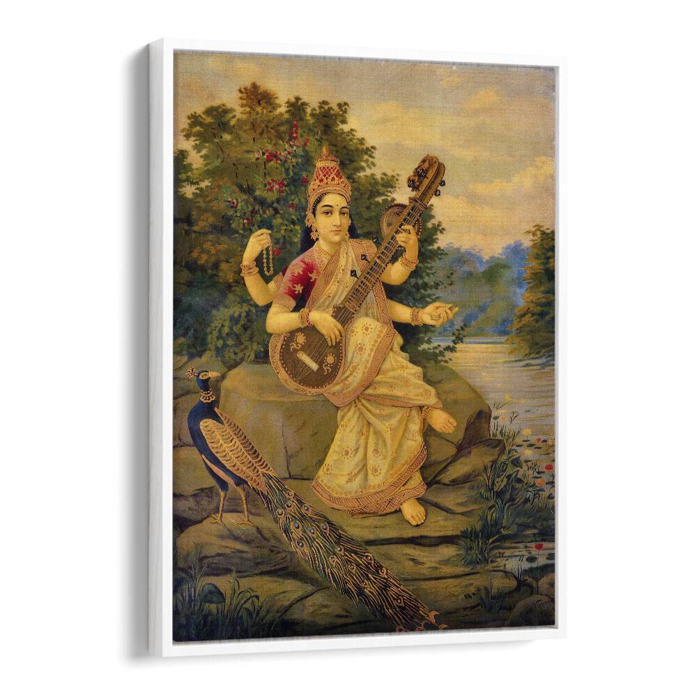 Saraswati Devi By Raja Ravi Varma Indian Paintings in White Floater Frame