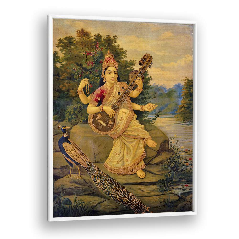 Saraswati Devi By Raja Ravi Varma Indian Paintings in White Plain Frame