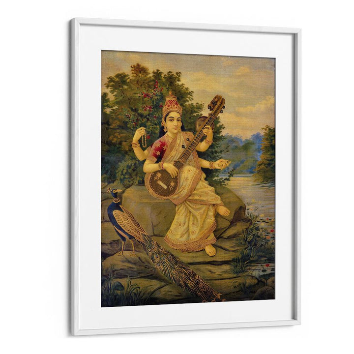 Saraswati Devi By Raja Ravi Varma Indian Paintings in White Frame With Mount