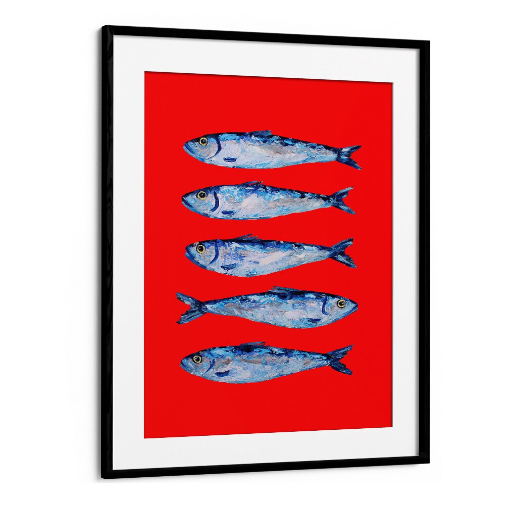 Sardines Berry Red by Alice Straker Kitchen Posters Kitchen Art Prints in Black Frame With Mount