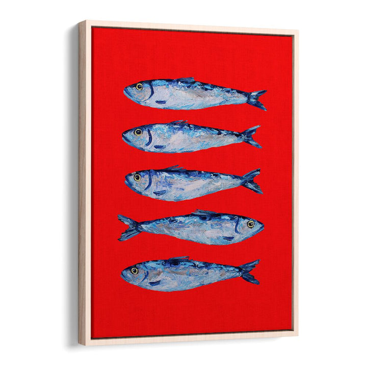 Sardines Berry Red by Alice Straker Kitchen Posters Kitchen Art Prints in Oak Wood Floater Frame