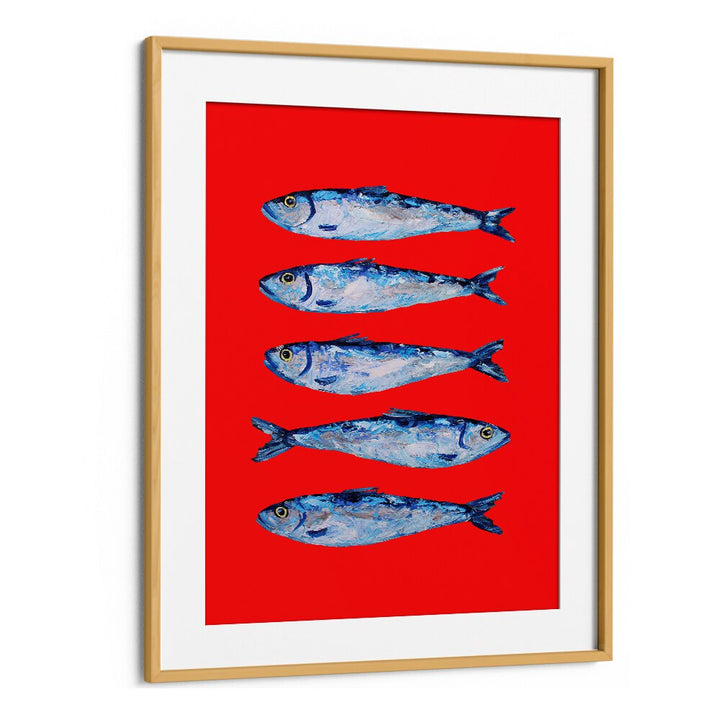 Sardines Berry Red by Alice Straker Kitchen Posters Kitchen Art Prints in Oak Wood Frame With Mount