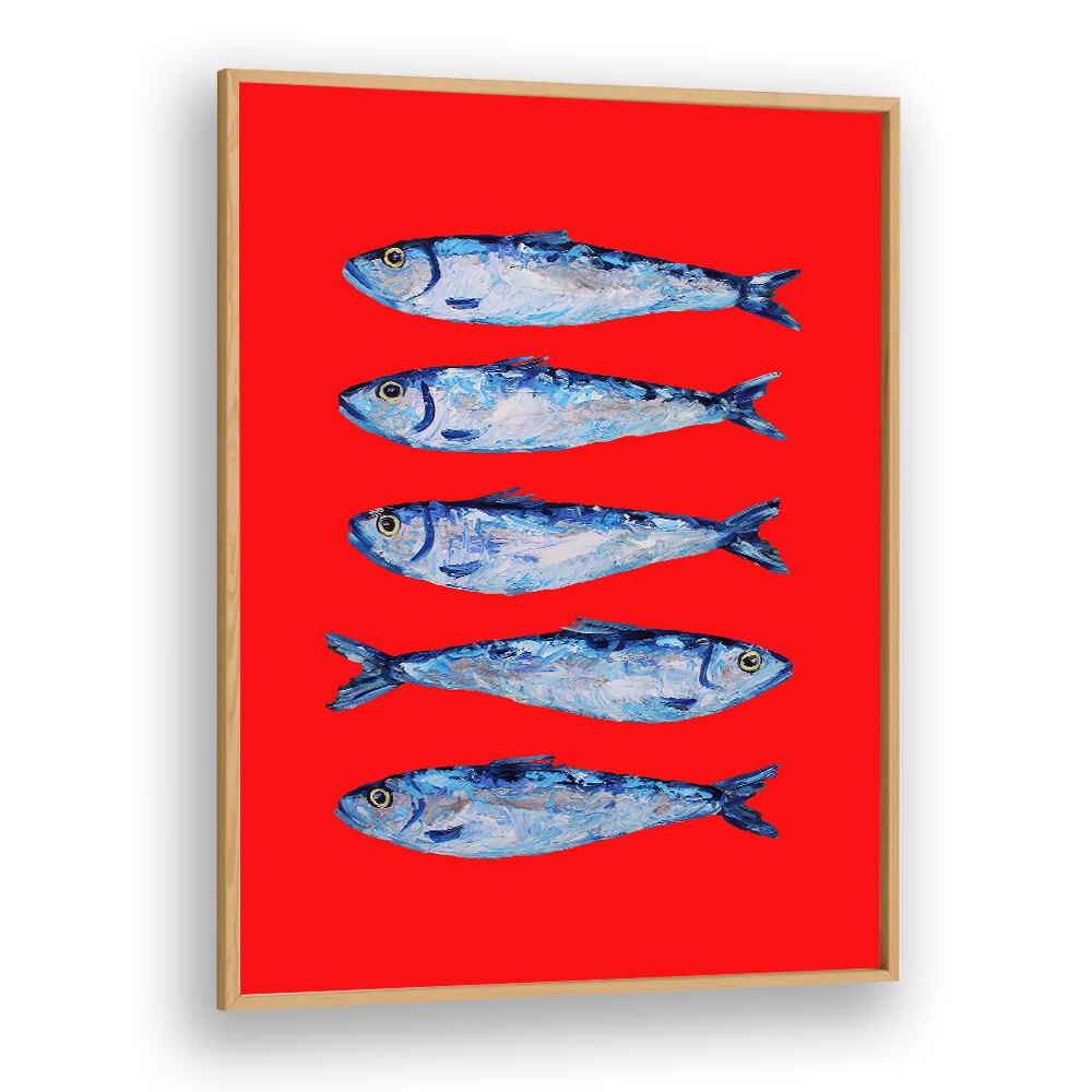 Sardines Berry Red by Alice Straker Kitchen Posters Kitchen Art Prints in Oak Wood Plain Frame